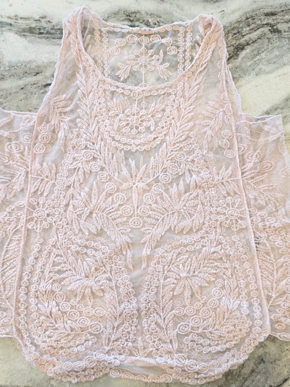 Pol -Delicate Pink Lace Tank Top - Sheer Embroidered Women's Top